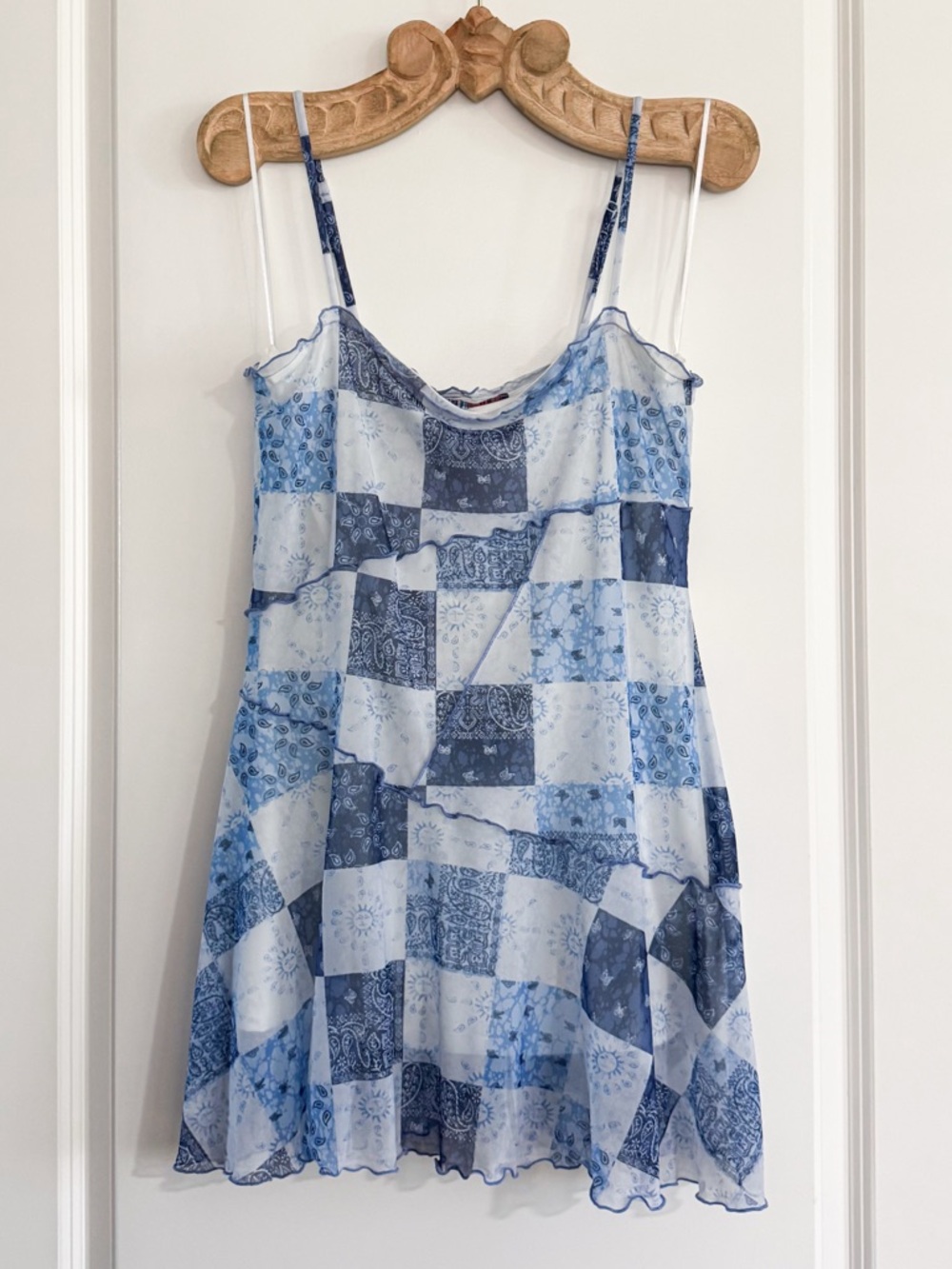 Urban Outfitters UO Moxie Mesh Mini Slip Dress Patchwork Blue NWT M